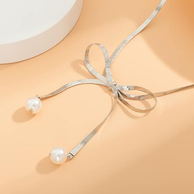 El Regalo Stainless Steel Bow Tie Pearl Necklace- Anti Tarnish, Waterproof, Minimalist, Statement Bow Choker Ribbon Necklace for Girls & Women (Bow Tie Pearl Tassel)