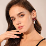 El Regalo Cute Orchid Flower Teardrop Pearl Earrings- 14K Gold Plated Pearl Earrings for Women | Floral Enamel drop Ball Earrings (Dark Maroon)