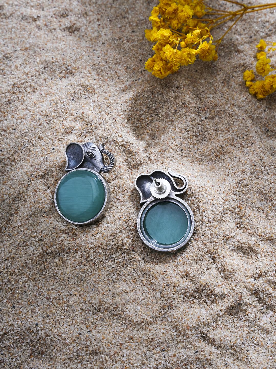 El Regalo 1Pair Oxidized German Silver Ganesha Elephant Stone Stud Earrings- Handcrafted Unique Earrings with Color Stone Options (silky Green)