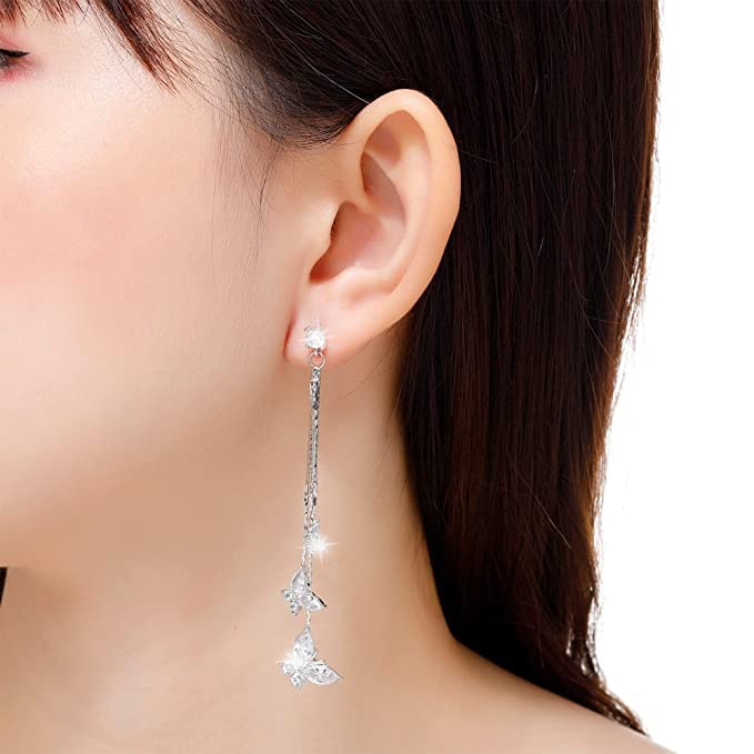 El Regalo Crystal Butterfly Drop Dangle Tassel Earrings for Women & Girls- Long Tassel Butterfly Earrings (White Butterfly Earrings)