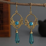 El Regalo Vintage Carved Ethnic Dangle Earrings for Women & Girls, Gold-Tone Boho Drop Earrings with Blue Crystal Teardrop, Party, Festive & Wedding Jewellery