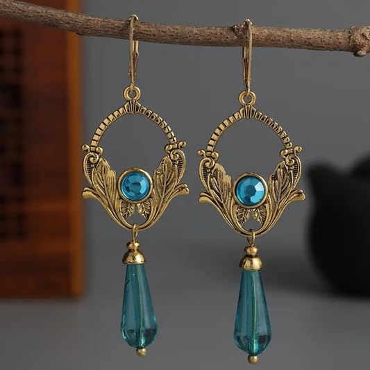 El Regalo Vintage Carved Ethnic Dangle Earrings for Women & Girls, Gold-Tone Boho Drop Earrings with Blue Crystal Teardrop, Party, Festive & Wedding Jewellery