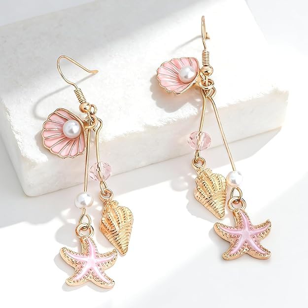 El Regalo Ocean Charm Starfish & Seashell Dangle Earrings for Women & Girls | Gold Plated Beach-Themed Pearl Drop Earrings | Cute & Trendy Jewelry Gift