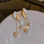 El Regalo Leaf Pearl Tassel Contemporary Drop Earrings For Girls & Women- Gold Tone Leaf Pearl Dangler Earrings (Golden)