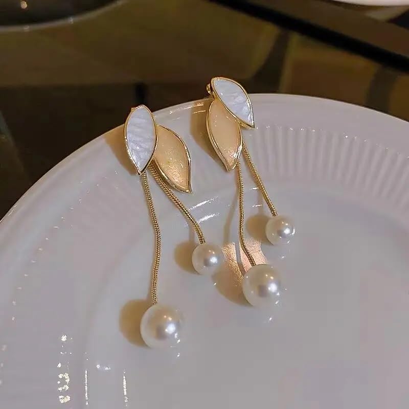 El Regalo Leaf Pearl Tassel Contemporary Drop Earrings For Girls & Women- Gold Tone Leaf Pearl Dangler Earrings (Golden)