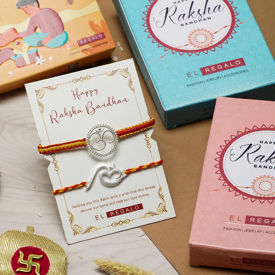 El Regalo 2PCs OM/Veera/Bhai Moli Thread Rakhi Set for Brother/Bhai/Bhaiya- Auspicious OM/Aum Mauli Rakhi with Roli Chawal, Rakhi Message Card in Rakhi Gift Box (2 OM Rakhis)