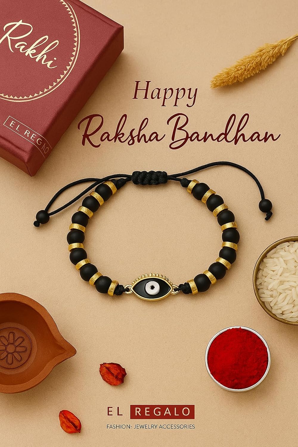 El Regalo Elegant Evil Eye/Hamsa Hand Rakhi for Brother- Beautiful Bracelet Rakhi for Bhai with Roli Chanwal, Message Card in Rakshabandhan Box (Evil Eye)