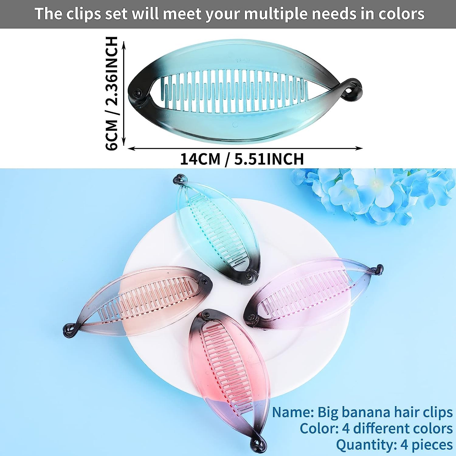 El Regalo 4 Pcs Fishtail Banana Hair Clips, Big Gradient colours French Banana Clip Hair Combs for Women Girls, Retro Plastic Fishtail Clip Comb Grips Clamp Hair Accessories