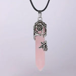 El Regalo 1PC Flower Wrapped Hexagonal Healing Natural Stones Point Pendant Unisex Necklace- Natural Stones Reiki Healing Crystals Necklace in Antique Silver Finish (Pink-Rose Quartz-Cord)