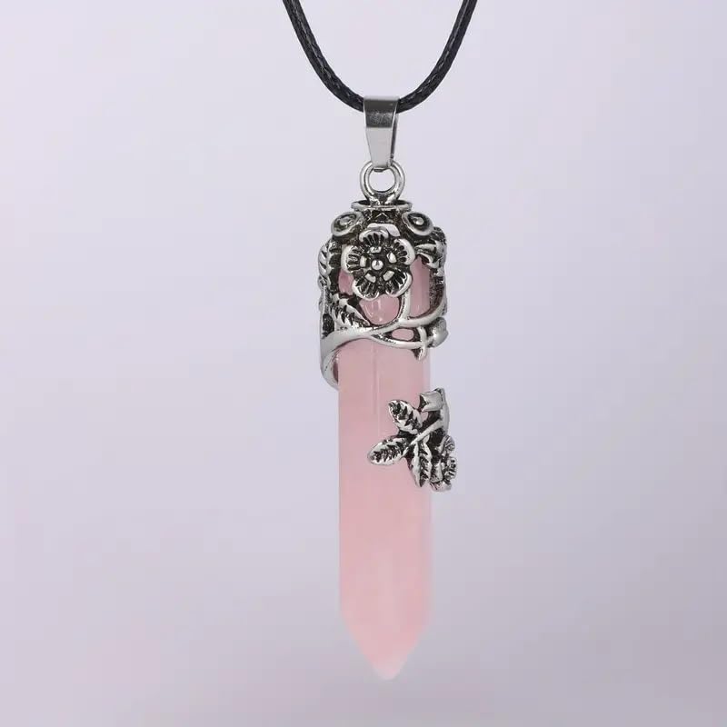 El Regalo 1PC Flower Wrapped Hexagonal Healing Natural Stones Point Pendant Unisex Necklace- Natural Stones Reiki Healing Crystals Necklace in Antique Silver Finish (Pink-Rose Quartz-Cord)