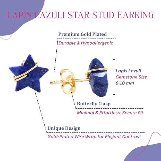 El Regalo Natural Stones Star Stud Earrings- Handcfated Wire Wrapped Celestial Star Earrings for Girls & Women (Blue Lapis Lazuli)