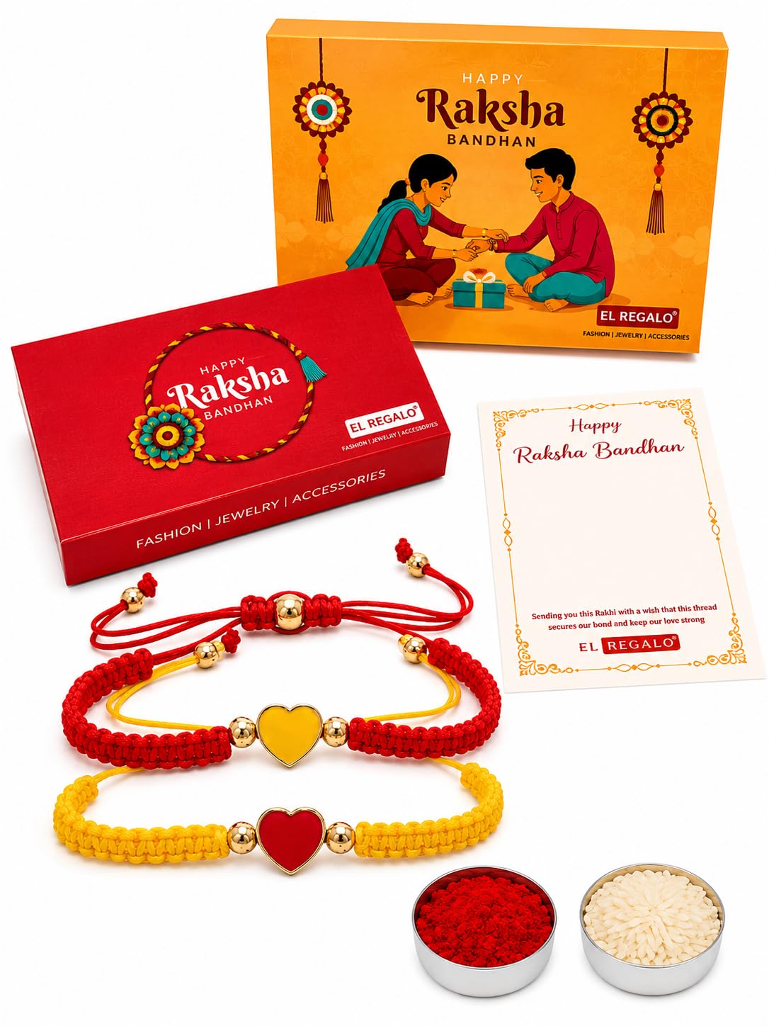 El Regalo 2PCs Minimalist & Elegant Heart Bracelet Rakhi Combo Set for Brother/Bhai/Bhaiya-Bhabhi with Roli-Chawal & Rakhi Gift Box - Handwoven, Beautifully Packaged (Yellow & Red)
