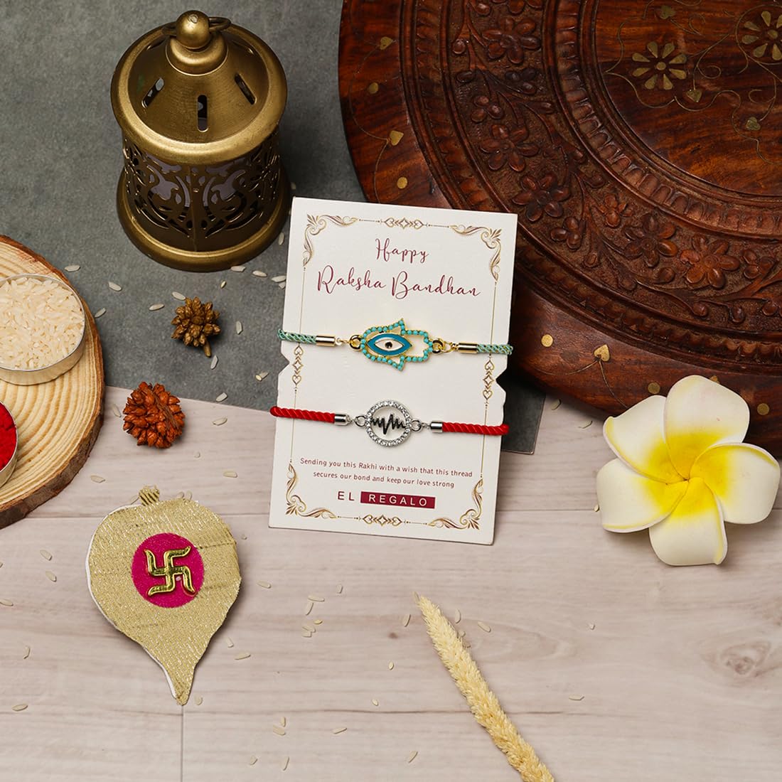 El Regalo Fancy 2PCs Evil Eye Rakhi Set for Brother with Roli Chawal & Rakhi Message Card - Lucky Protection Rakhi to Avoid Negative Energies for Brother/Sister-in-Law/Niece or Nephew (Option-3)