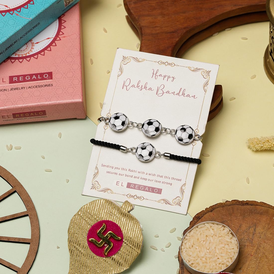 El Regalo Quirky 2PC Sports Rakhi Set for Brother | Rakhis Combo Set for Brother/Niece/Nephew- Kids Rakhi for Sports Lovers Bhai with Roli-Chawal, Message Card in Rakhi Gift Box (Option-2)