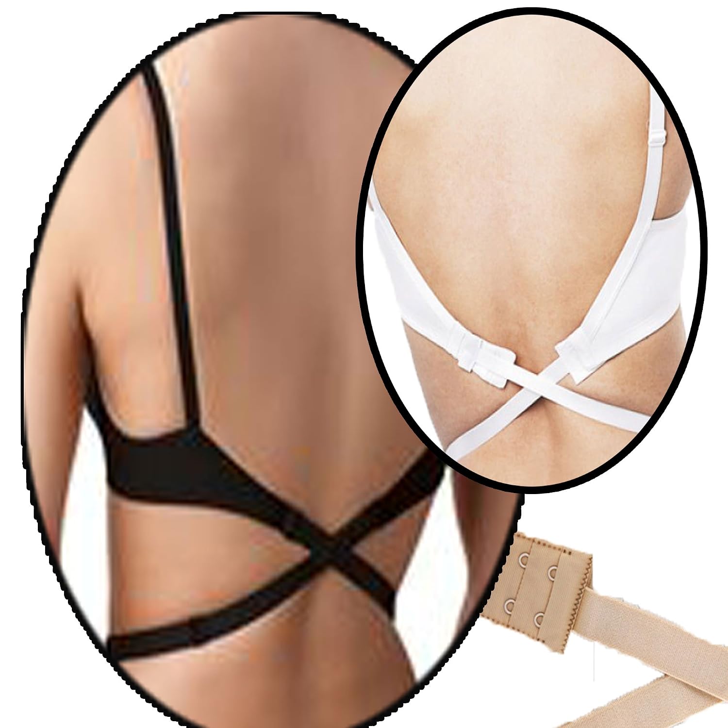 El Regalo Women's Adjustable Converter 2 Hook Bra Extender Strap for Backless or Low Back Dresses (Black)