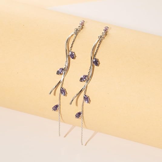 El Regalo Long Copper Zirconia Rhinestone Leaf Drop Dangle Earrings for Women | Korean Style Vine Fringe Earrings | Classy Party, Wedding & Casual Earrings Jewelry (Purple Silver)