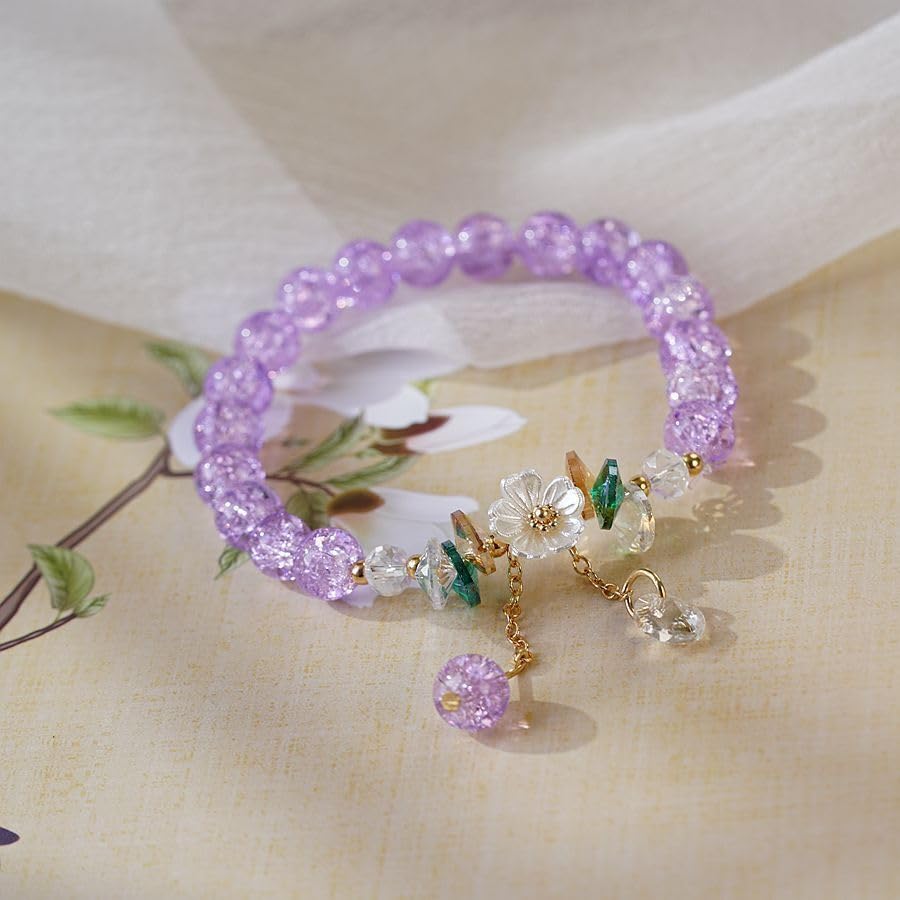 El Regalo Daisy Flower Bracelets- 1PC Crackled Crystal Beads Tassel Flower Charms Bracelet for Girls & Women (Purple)