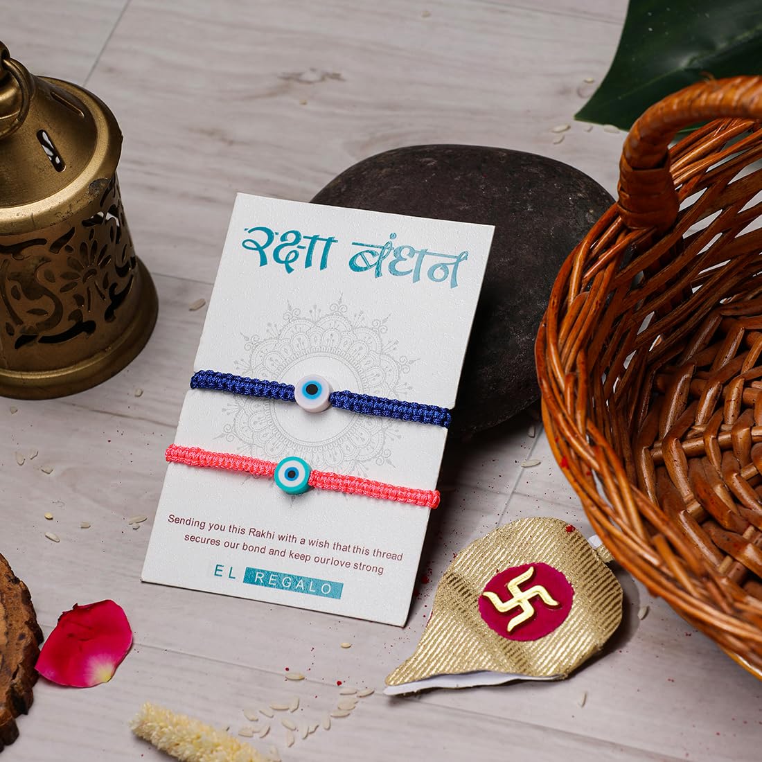 El Regalo 2PCs Rakhi Combo Set for Bhai-Bhabhi or Bhai-Bhatija/Bhatiji- 2 Evil Eye Rakhis Set with Roli Chanwal, Rakhi Card in Rakhi Gift Box (Option-5)