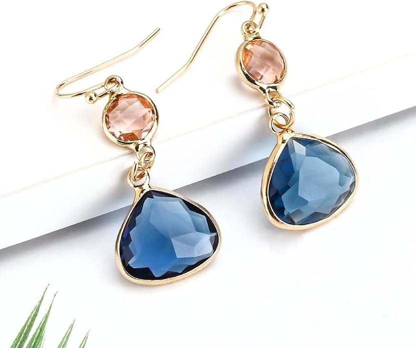El Regalo Simulated Navy Blue Sapphire & Champagne Topaz Crystal Earrings- Hypoallergenic Dangle Drops Crystal Earrings for Girls & Women (Blue)