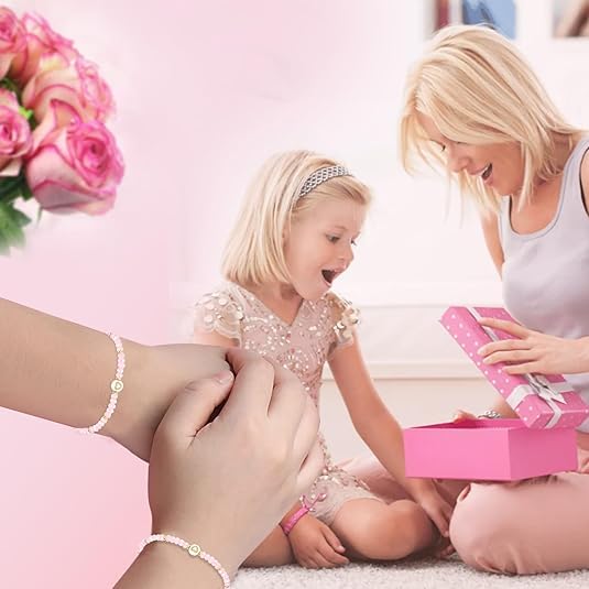 El Regalo Mother Daughter Matching Bracelet Set for 2 | Mama Mini Bead Bracelets | Mommy and Me Adjustable Heart Bracelet Set | Pink Crystal Beaded Mom-Daughter Bracelet for Women Girls (Heart)