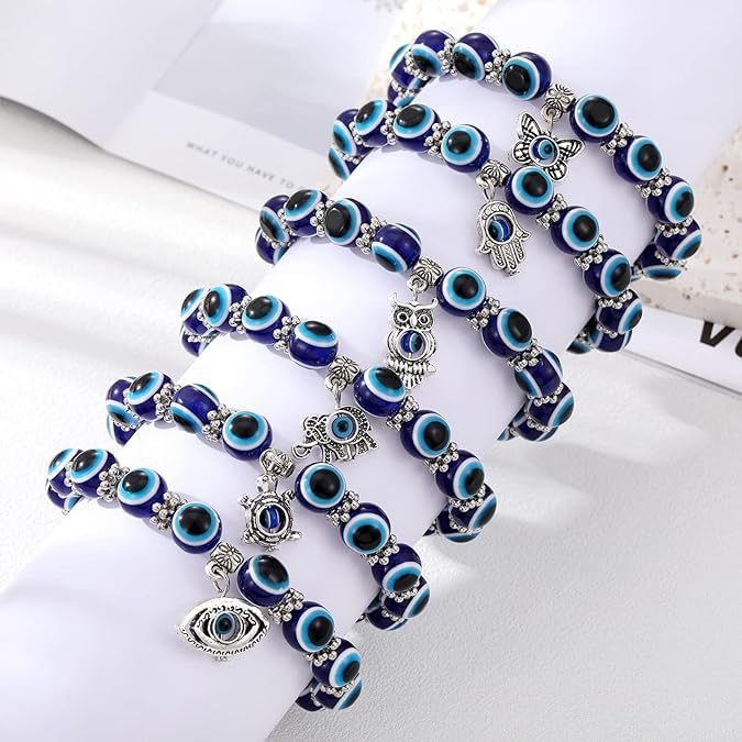 El Regalo 6 PCs Unisex Evil Eye Bracelets with Charms- Butterfly, Elephant, Hamsa Hand, Turtle, Eye & Owl