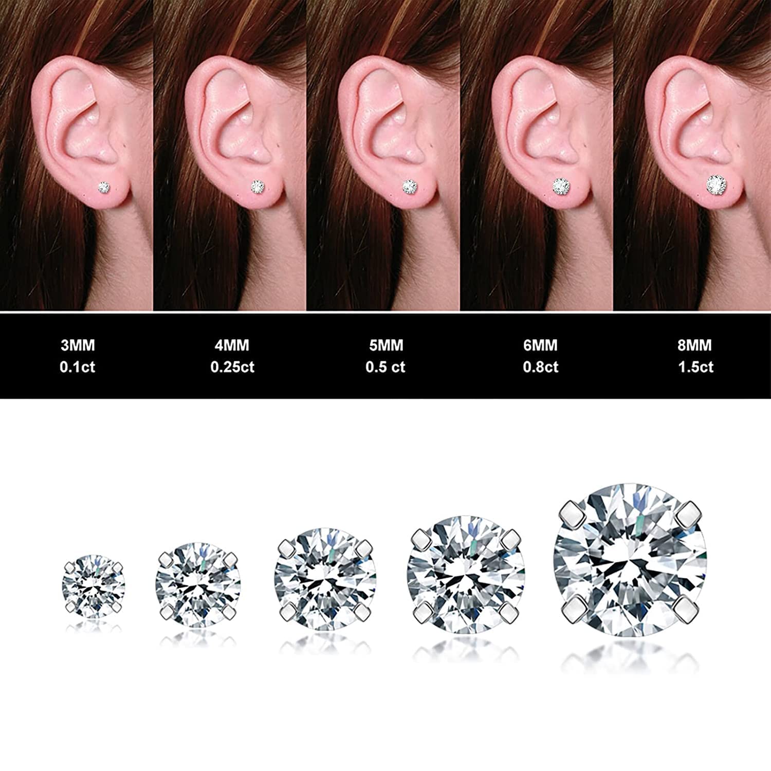 El Regalo 5 Pairs Unisex Stud Earrings Set, Hypoallergenic Cubic Zirconia 316L Earrings Stainless Steel CZ Earrings 3-8mm for Girls/Boys/Men & Women