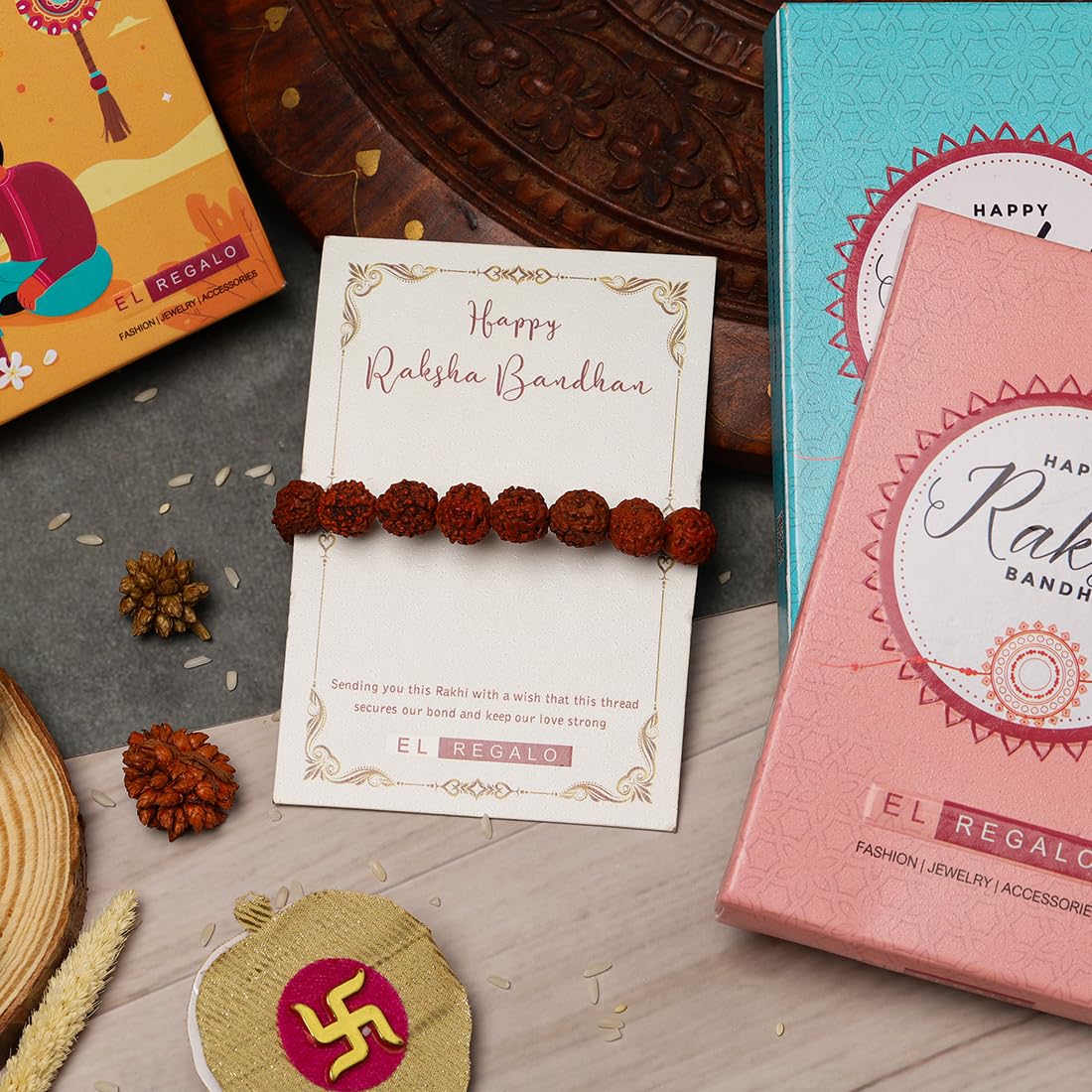El Regalo Auspicious Natural Rudraksha Rakhi for Brother- Lord Shiva Rudraksha Beads Rakhi with Roli Chawal, Rakhi Message Card in Rakhi Gift Box