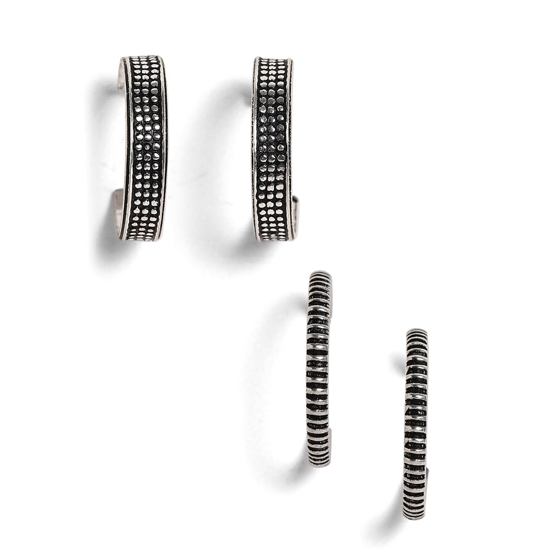 El Regalo 2 Pairs Tribal Oxidized Half Hoop Earrings, Huggie Earrings- Hammered Bohemian Oxidized German Silver Baali Earrings (Option-4)