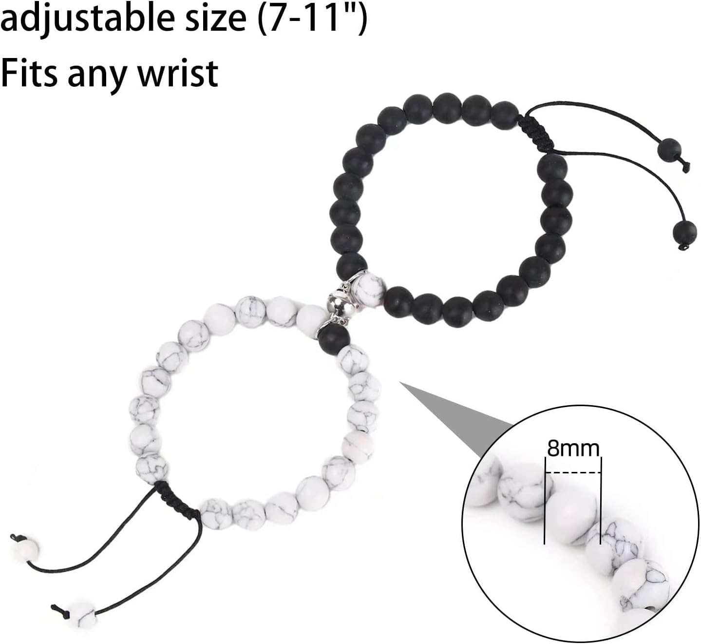 El Regalo 2PCs Magnetic Natural Stones Unisex Bracelets for Couples, Best Friend, Boyfriend & Girlfriend, Long Distance Connecting Bracelets Set- Valentines Day Gift (Black & White)