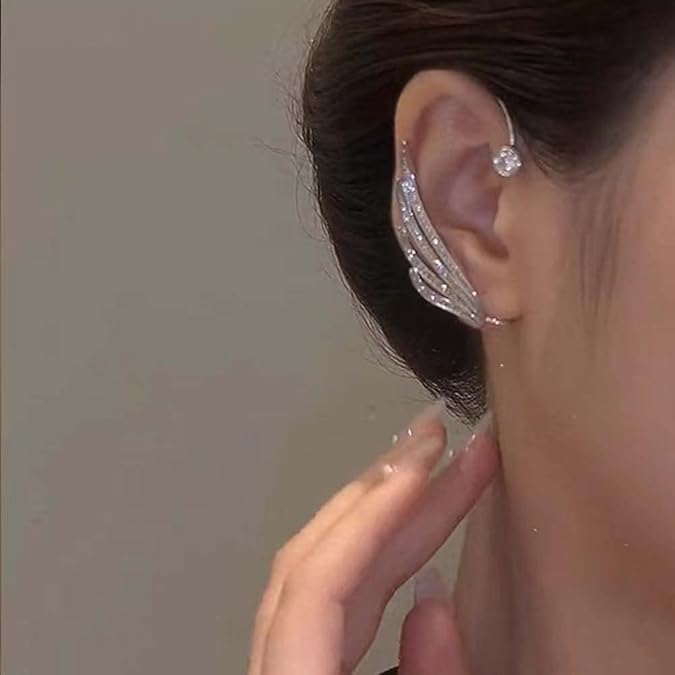 El Regalo Gorgeous Inlaid Rhinestone Angel Wings Cuff Earrings - No Piercing Ear Bone Clip for Women - Sparkling Crystal Angel Wing Ear Wrap, Non-Pierced Cartilage Climber Jewelry