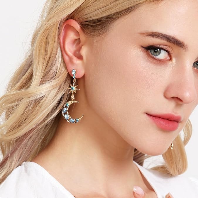 El Regalo Bohemian Moon Star Asymmetric Tassel Earrings- Crystal Moon & Sun Drop Earrings Long Retro Exquisite Punk Style Jewellery for Women Girls