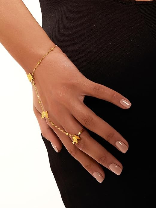 El Regalo 1PC Stainless Steel Non-Tarnish Hand Chain Bracelet with Finger Ring | Elegant & Trendy Adjustable Golden Bracelet for Women & Girls (Butterfly)