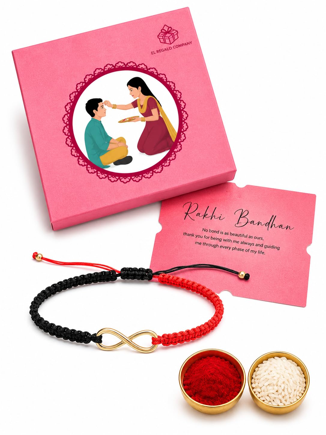 El Regalo 1PC Minimalist Infinity Rakhi for Brother- Simple Infinity Rakhi with Roli Chawal, Rakhi Message Card in Rakhi Gift box for Brother (Red & Black Shade)