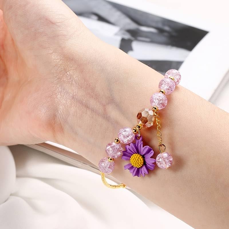 El Regalo 1PC Daisy Flower/Sunflower Crackle Beads Stretch Bracelet for Girls & Women- Fancy Floral Bracelets (Purple)