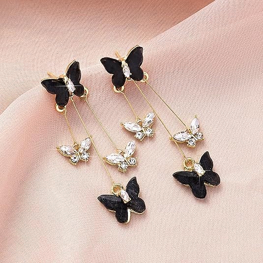 El Regalo Cute 3D Crystal Butterfly Tassel Earrings for Women & Girls | 18K Gold Plated Long Hanging Drop Linear Earrings | Elegant Korean Aesthetic Western Party Jewelry (Black)