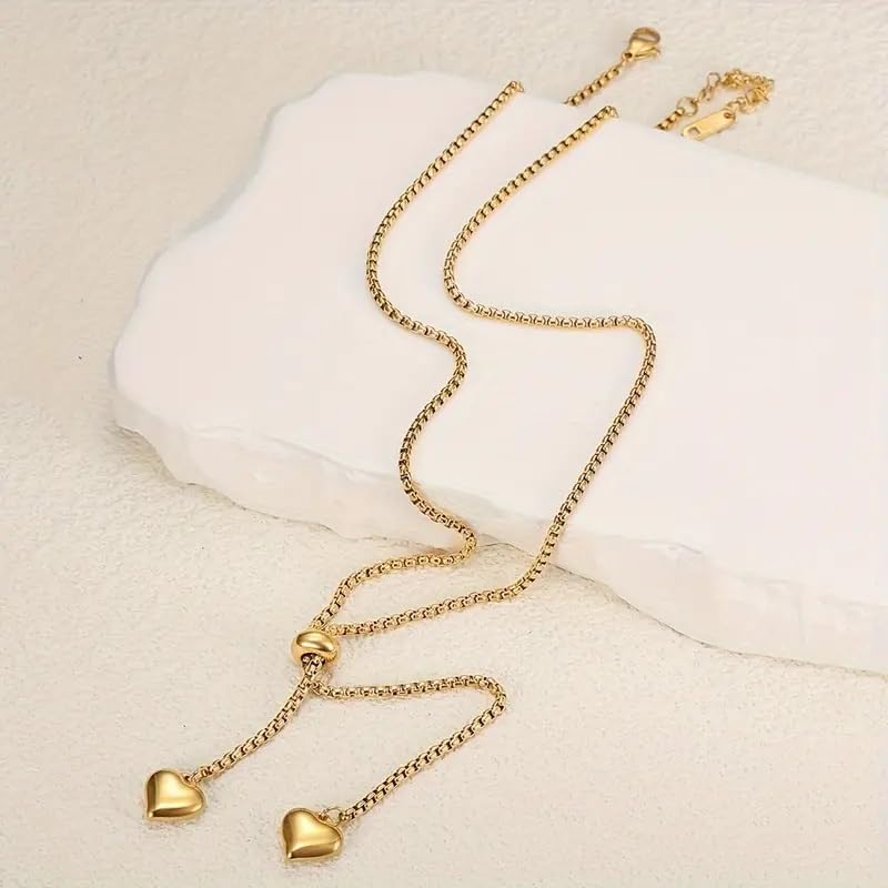 El Regalo Stainless Steel Double Love Heart Long Pendant Slider Necklace for Girls & Women- Anti Tarnish Minimalist Heart Necklace