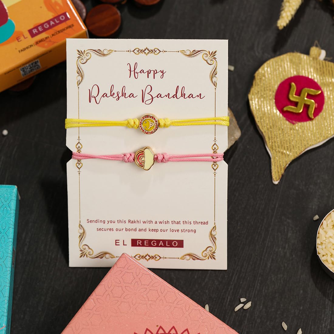 El Regalo 2PCs Cute Kids Bracelet Rakhi Combo Sets- Fancy Kids Rakhi for Brother/Sister with Roli Chwal, Rakhi Message Card in Rakhi Box for Babies/Toddlers/Kids (Rainbow & Smiley Rakhi)
