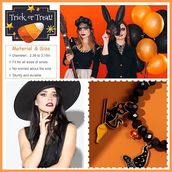 El Regalo 1PC Halloween Bracelet for Girls & Women- Halloween Beaded Stretch Bracelet Ghost Pumpkin Spider Cat Witch Charm Bracelet Halloween Costume Jewelry (Style-1)