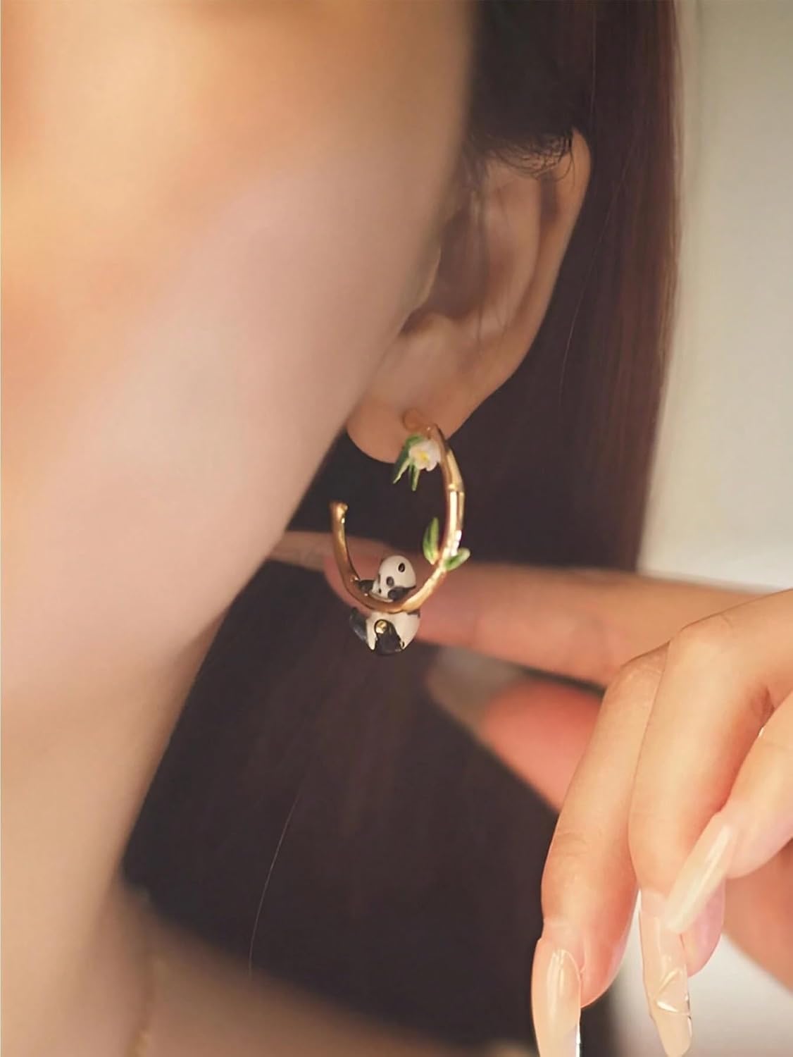 El Regalo Cute Enamelled 3D Panda Bamboo Half Hoop Earrings- Luxury Drip Oil Panda Bamboo Earrings for Women/Girls