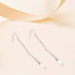 El Regalo Long Opal Liner Droplet Chain Dangle Threader Hook Earrings for Women - Silver Plated, Minimalist Tassel Design, Elegant Earrings (Natural White)