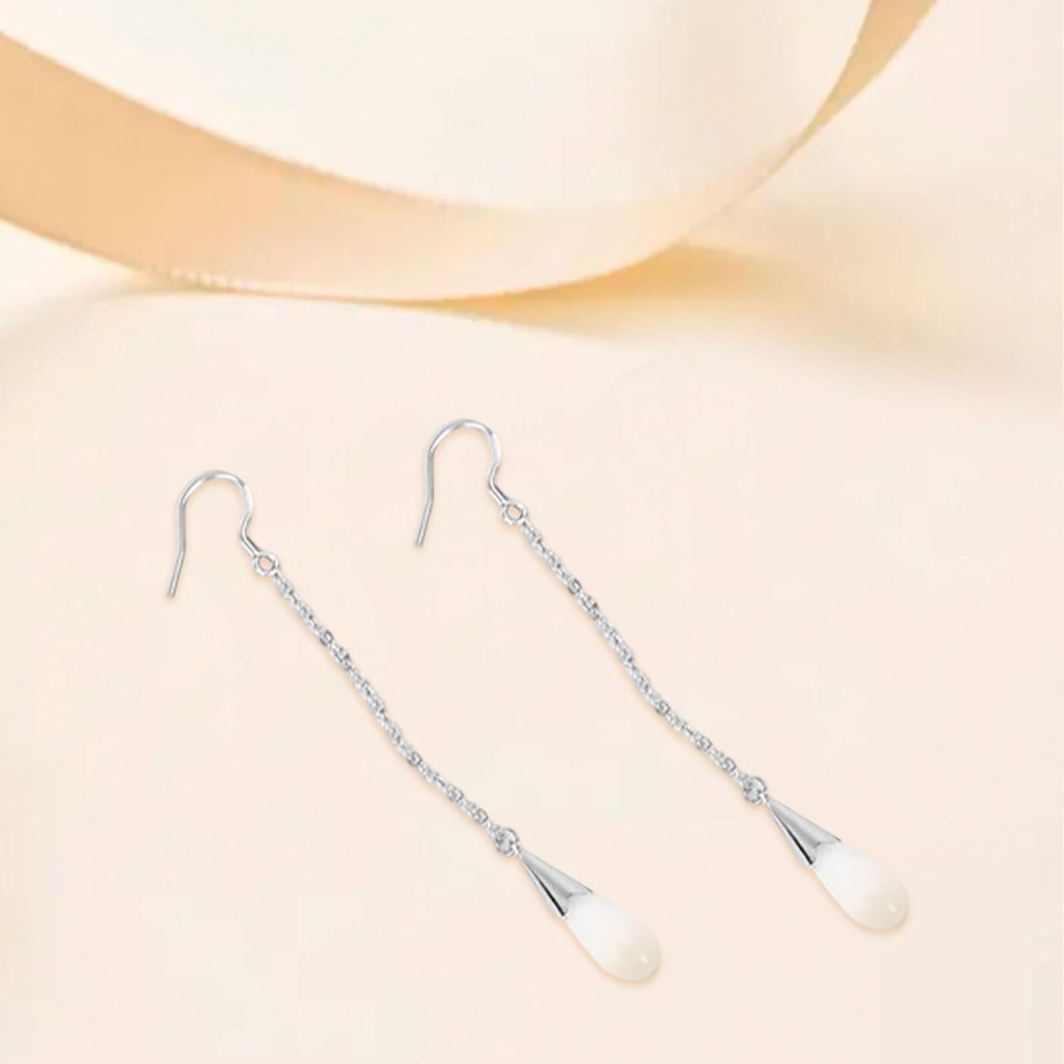 El Regalo Long Opal Liner Droplet Chain Dangle Threader Hook Earrings for Women - Silver Plated, Minimalist Tassel Design, Elegant Earrings (Natural White)