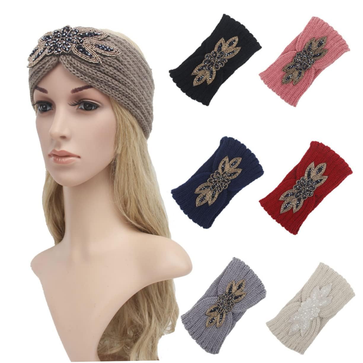 El Regalo 1 PC Winter Knitted Sequin Flower Headband Ear Warmer for Girls & Women - Headwrap with 3D Sequin flower- Ear Warmer Hair Muffs Band | Winter Designer Headbands (Khakhi)