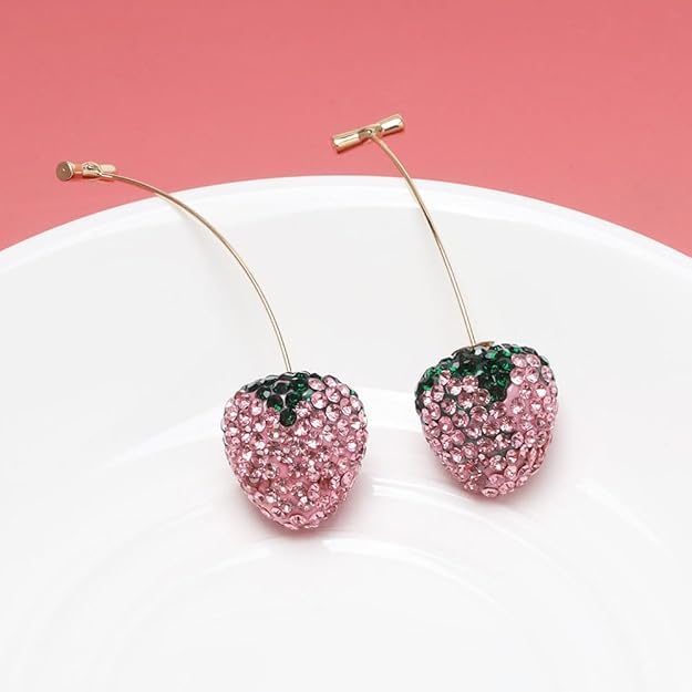 El Regalo 3D Rhinestone Strawberry Statement Earrings for Women & Girls | Handcrafted Crystal Fruit Drop Dangle Earrings | Fancy & Elegant Western Fashion Jewellery (Pink)