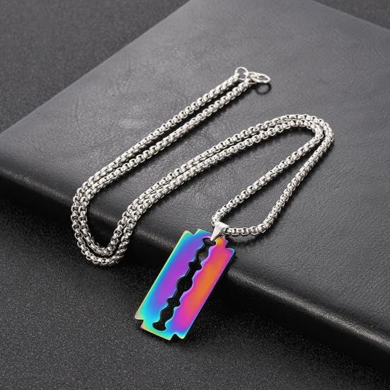 El Regalo 1 PC Men's Stainless Steel Rainbow Razor Necklace for Boys/Men- No Rust/Anti Tarnish Stainless Steel Jewelry for Men- Gift for Him
