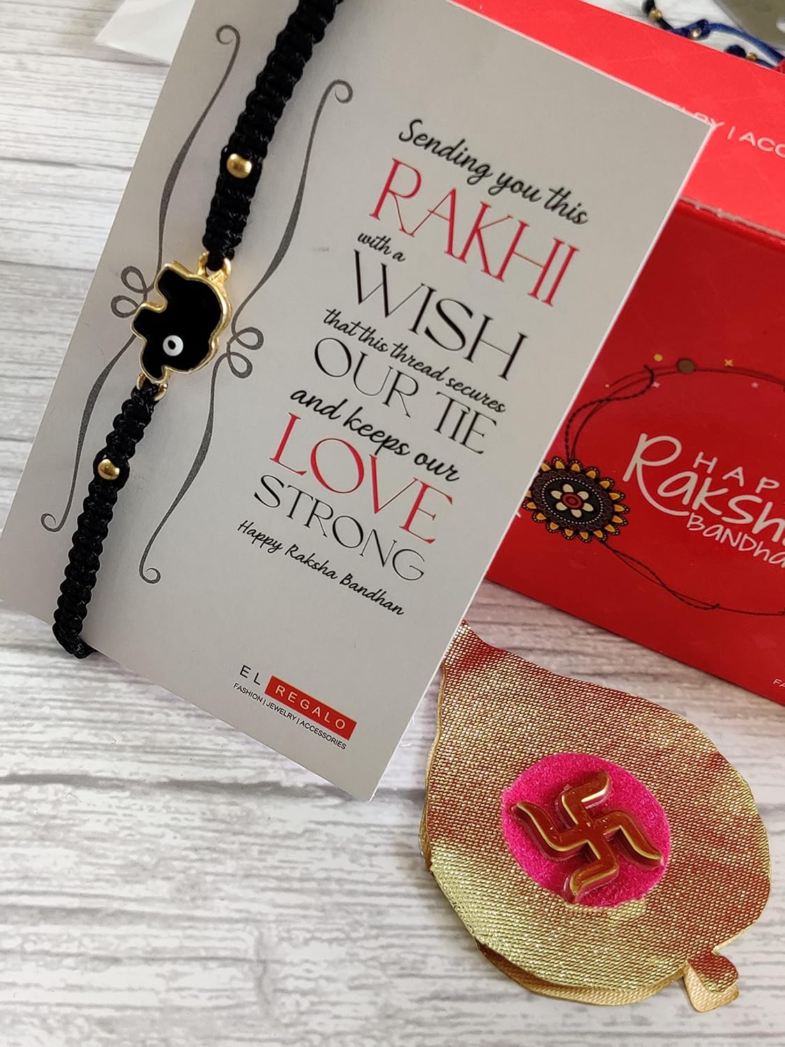 El Regalo 1PC Elephant Evil Eye Rakhi for Brother with & Message Card in Gift Box (Black Elephant Black Rakhi)
