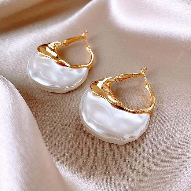 El Regalo Irregular Pearl Hoop Earrings for Women/Girls | Gold-Plated Textured Geometric Drop Earrings | Trendy Statement Fashion Jewellery for Western Outfits and Parties