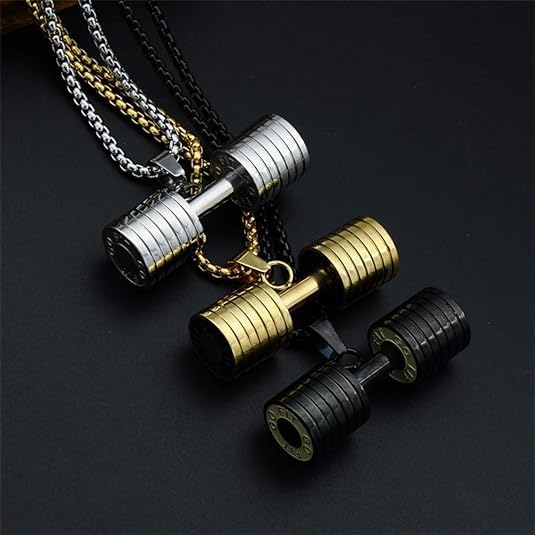 El Regalo Stainless Steel Gym Fitness Dumbbell Pendant Necklace for Boys/Men- Go Fit Motivational Fitness Sports Jewelry for Gym Lovers (Gold)