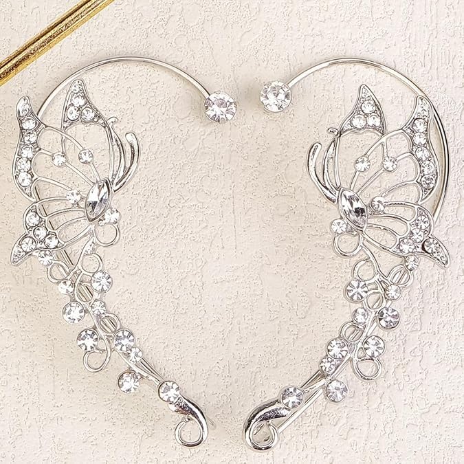 El Regalo 2PCS Butterfly Earrings Ear Cuffs Climber Wrap Around Earrings for Women/Girls- Fancy No Piercing Ear Clip Fairy Ear Jewelry (Silver)