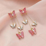 El Regalo Cute 3D Crystal Butterfly Tassel Earrings for Women & Girls | 18K Gold Plated Long Hanging Drop Linear Earrings | Elegant Korean Aesthetic Western Party Jewelry (Pink)
