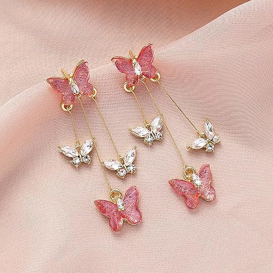 El Regalo Cute 3D Crystal Butterfly Tassel Earrings for Women & Girls | 18K Gold Plated Long Hanging Drop Linear Earrings | Elegant Korean Aesthetic Western Party Jewelry (Pink)